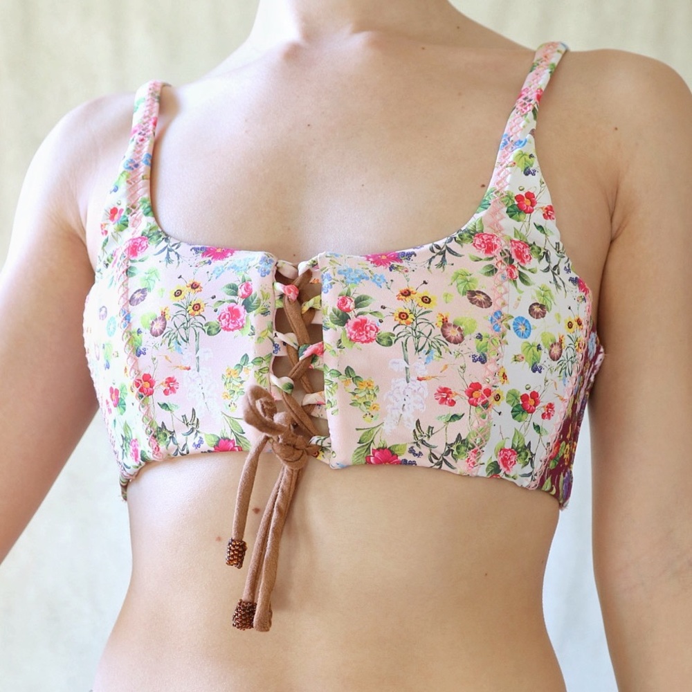Agua Bendita Floral Print Lace Front Bikini Top